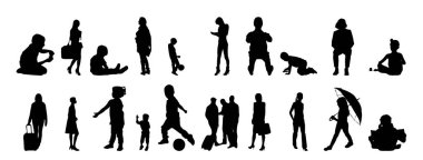 Vektör siluetleri, insanların ana hatları, Contour çizimleri, insanların siluetleri, ikon kümesi izole edilmiş, oturan insanların silueti, mimari set