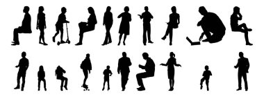 Vektör siluetleri, insanların ana hatları, Contour çizimleri, insanların siluetleri, ikon kümesi izole edilmiş, oturan insanların silueti, mimari set