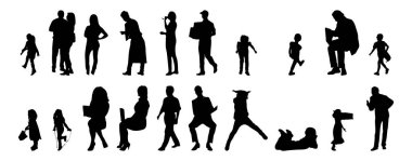 Vektör siluetleri, insanların ana hatları, Contour çizimleri, insanların siluetleri, ikon kümesi izole edilmiş, oturan insanların silueti, mimari set