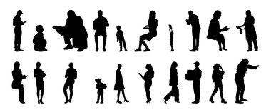 Vektör siluetleri, insanların ana hatları, Contour çizimleri, insanların siluetleri, ikon kümesi izole edilmiş, oturan insanların silueti, mimari set