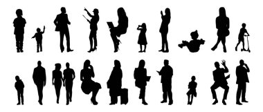 Vektör siluetleri, insanların ana hatları, Contour çizimleri, insanların siluetleri, ikon kümesi izole edilmiş, oturan insanların silueti, mimari set