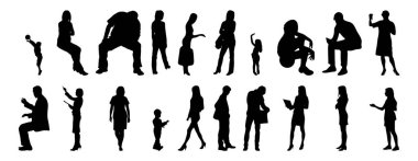Vektör siluetleri, insanların ana hatları, Contour çizimleri, insanların siluetleri, ikon kümesi izole edilmiş, oturan insanların silueti, mimari set