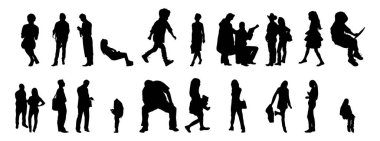 Vektör siluetleri, insanların ana hatları, Contour çizimleri, insanların siluetleri, ikon kümesi izole edilmiş, oturan insanların silueti, mimari set