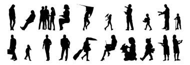 Vektör siluetleri, insanların ana hatları, Contour çizimleri, insanların siluetleri, ikon kümesi izole edilmiş, oturan insanların silueti, mimari set