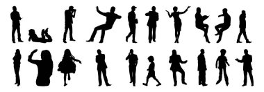 Vektör siluetleri, insanların ana hatları, Contour çizimleri, insanların siluetleri, ikon kümesi izole edilmiş, oturan insanların silueti, mimari set