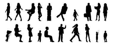 Vektör siluetleri, insanların ana hatları, Contour çizimleri, insanların siluetleri, ikon kümesi izole edilmiş, oturan insanların silueti, mimari set