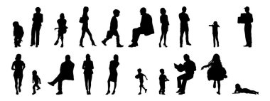 Vektör siluetleri, insanların ana hatları, Contour çizimleri, insanların siluetleri, ikon kümesi izole edilmiş, oturan insanların silueti, mimari set
