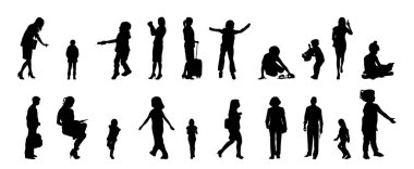 Vektör siluetleri, insanların ana hatları, Contour çizimleri, insanların siluetleri, ikon kümesi izole edilmiş, oturan insanların silueti, mimari set