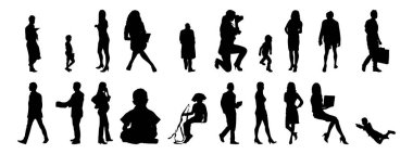 Vektör siluetleri, insanların ana hatları, Contour çizimleri, insanların siluetleri, ikon kümesi izole edilmiş, oturan insanların silueti, mimari set