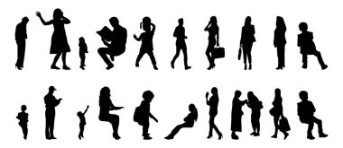 Vektör siluetleri, insanların ana hatları, Contour çizimleri, insanların siluetleri, ikon kümesi izole edilmiş, oturan insanların silueti, mimari set