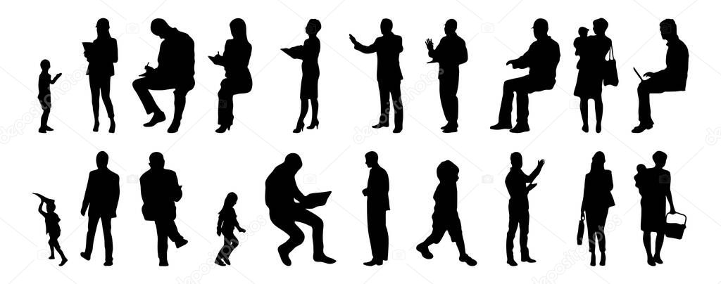 Vector silhouettes, Outline silhouettes of people, Contour drawing, people silhouette, Icon Set Isolated, Silhouette of sitting people, Architectural set