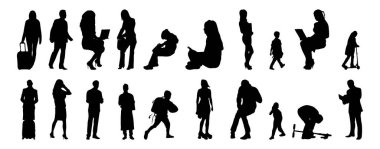 Vektör siluetleri, insanların ana hatları, Contour çizimleri, insanların siluetleri, ikon kümesi izole edilmiş, oturan insanların silueti, mimari set