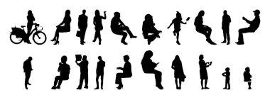 Vektör siluetleri, insanların ana hatları, Contour çizimleri, insanların siluetleri, ikon kümesi izole edilmiş, oturan insanların silueti, mimari set