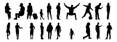 Vektör siluetleri, insanların ana hatları, Contour çizimleri, insanların siluetleri, ikon kümesi izole edilmiş, oturan insanların silueti, mimari set