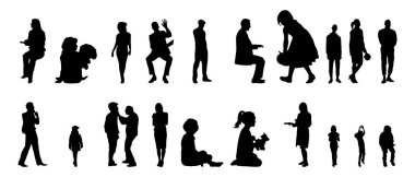 Vektör siluetleri, insanların ana hatları, Contour çizimleri, insanların siluetleri, ikon kümesi izole edilmiş, oturan insanların silueti, mimari set