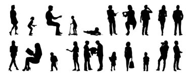 Vektör siluetleri, insanların ana hatları, Contour çizimleri, insanların siluetleri, ikon kümesi izole edilmiş, oturan insanların silueti, mimari set