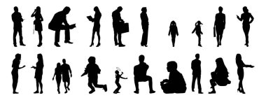 Vektör siluetleri, insanların ana hatları, Contour çizimleri, insanların siluetleri, ikon kümesi izole edilmiş, oturan insanların silueti, mimari set