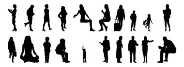 Vektör siluetleri, insanların ana hatları, Contour çizimleri, insanların siluetleri, ikon kümesi izole edilmiş, oturan insanların silueti, mimari set