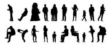 Vektör siluetleri, insanların ana hatları, Contour çizimleri, insanların siluetleri, ikon kümesi izole edilmiş, oturan insanların silueti, mimari set