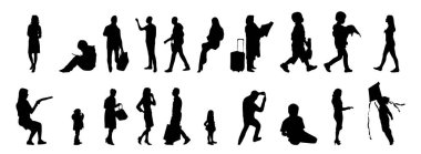 Vektör siluetleri, insanların ana hatları, Contour çizimleri, insanların siluetleri, ikon kümesi izole edilmiş, oturan insanların silueti, mimari set