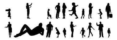 Vektör siluetleri, insanların ana hatları, Contour çizimleri, insanların siluetleri, ikon kümesi izole edilmiş, oturan insanların silueti, mimari set