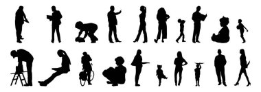 Vektör siluetleri, insanların ana hatları, Contour çizimleri, insanların siluetleri, ikon kümesi izole edilmiş, oturan insanların silueti, mimari set