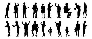 Vektör siluetleri, insanların ana hatları, Contour çizimleri, insanların siluetleri, ikon kümesi izole edilmiş, oturan insanların silueti, mimari set