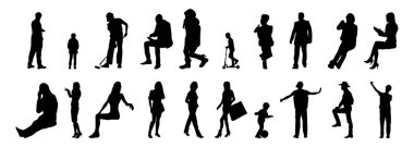 Vektör siluetleri, insanların ana hatları, Contour çizimleri, insanların siluetleri, ikon kümesi izole edilmiş, oturan insanların silueti, mimari set