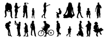 Vektör siluetleri, insanların ana hatları, Contour çizimleri, insanların siluetleri, ikon kümesi izole edilmiş, oturan insanların silueti, mimari set