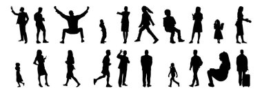 Vektör siluetleri, insanların ana hatları, Contour çizimleri, insanların siluetleri, ikon kümesi izole edilmiş, oturan insanların silueti, mimari set