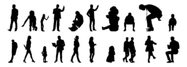 Vektör siluetleri, insanların ana hatları, Contour çizimleri, insanların siluetleri, ikon kümesi izole edilmiş, oturan insanların silueti, mimari set