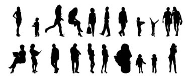 Vektör siluetleri, insanların ana hatları, Contour çizimleri, insanların siluetleri, ikon kümesi izole edilmiş, oturan insanların silueti, mimari set