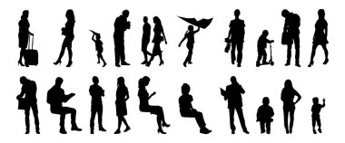 Vektör siluetleri, insanların ana hatları, Contour çizimleri, insanların siluetleri, ikon kümesi izole edilmiş, oturan insanların silueti, mimari set