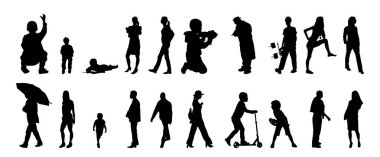 Vektör siluetleri, insanların ana hatları, Contour çizimleri, insanların siluetleri, ikon kümesi izole edilmiş, oturan insanların silueti, mimari set