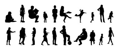 Vektör siluetleri, insanların ana hatları, Contour çizimleri, insanların siluetleri, ikon kümesi izole edilmiş, oturan insanların silueti, mimari set