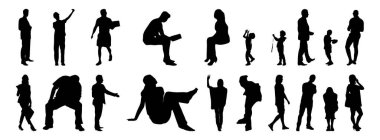 Vektör siluetleri, insanların ana hatları, Contour çizimleri, insanların siluetleri, ikon kümesi izole edilmiş, oturan insanların silueti, mimari set