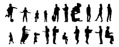 Vektör siluetleri, insanların ana hatları, Contour çizimleri, insanların siluetleri, ikon kümesi izole edilmiş, oturan insanların silueti, mimari set