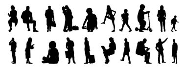 Vektör siluetleri, insanların ana hatları, Contour çizimleri, insanların siluetleri, ikon kümesi izole edilmiş, oturan insanların silueti, mimari set