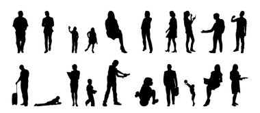 Vektör siluetleri, insanların ana hatları, Contour çizimleri, insanların siluetleri, ikon kümesi izole edilmiş, oturan insanların silueti, mimari set