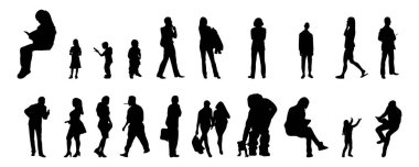 Vektör siluetleri, insanların ana hatları, Contour çizimleri, insanların siluetleri, ikon kümesi izole edilmiş, oturan insanların silueti, mimari set