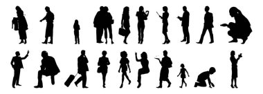 Vektör siluetleri, insanların ana hatları, Contour çizimleri, insanların siluetleri, ikon kümesi izole edilmiş, oturan insanların silueti, mimari set