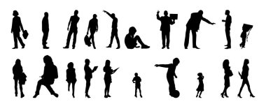 Vektör siluetleri, insanların ana hatları, Contour çizimleri, insanların siluetleri, ikon kümesi izole edilmiş, oturan insanların silueti, mimari set