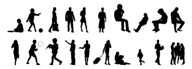 Vektör siluetleri, insanların ana hatları, Contour çizimleri, insanların siluetleri, ikon kümesi izole edilmiş, oturan insanların silueti, mimari set