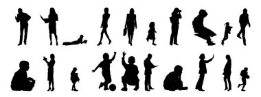 Vektör siluetleri, insanların ana hatları, Contour çizimleri, insanların siluetleri, ikon kümesi izole edilmiş, oturan insanların silueti, mimari set