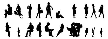 Vektör siluetleri, insanların ana hatları, Contour çizimleri, insanların siluetleri, ikon kümesi izole edilmiş, oturan insanların silueti, mimari set