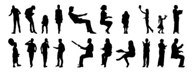 Vektör siluetleri, insanların ana hatları, Contour çizimleri, insanların siluetleri, ikon kümesi izole edilmiş, oturan insanların silueti, mimari set