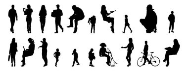 Vektör siluetleri, insanların ana hatları, Contour çizimleri, insanların siluetleri, ikon kümesi izole edilmiş, oturan insanların silueti, mimari set