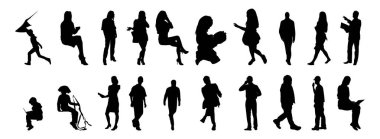 Vektör siluetleri, insanların ana hatları, Contour çizimleri, insanların siluetleri, ikon kümesi izole edilmiş, oturan insanların silueti, mimari set