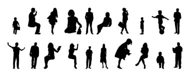Vektör siluetleri, insanların ana hatları, Contour çizimleri, insanların siluetleri, ikon kümesi izole edilmiş, oturan insanların silueti, mimari set
