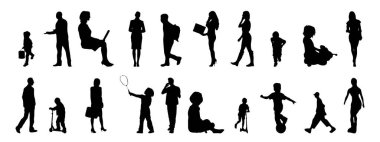 Vektör siluetleri, insanların ana hatları, Contour çizimleri, insanların siluetleri, ikon kümesi izole edilmiş, oturan insanların silueti, mimari set